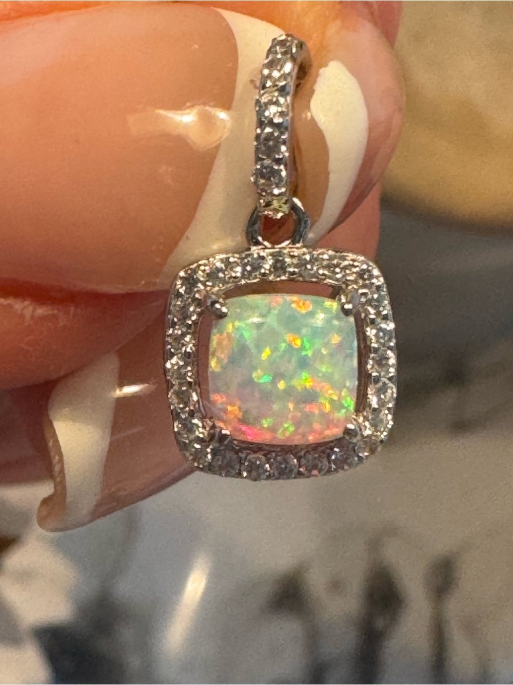 Opal Cushion Halo Pendant Necklace - Iridescent White Opal Accent